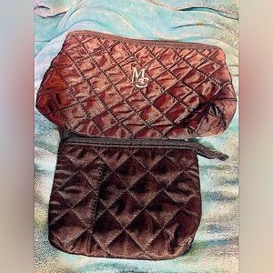 set of 2 quilted satin cosmetic bags NWOT Floxite & MS labels black zip top Vtg